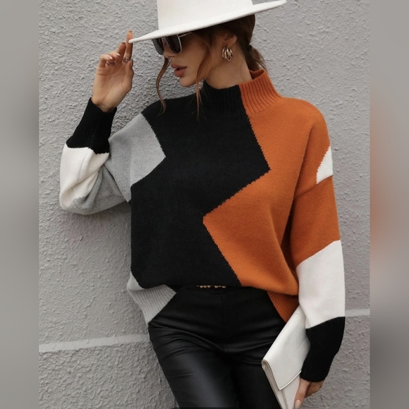 Sweaters - Women's Color Block Turtleneck Knit Sweater